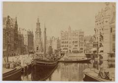 Historic view of Amstel 2-14 buildings looking towards Muntplein and Rokin with Hotel de l'Europe side facade, Amsterdam circa 1895-1905