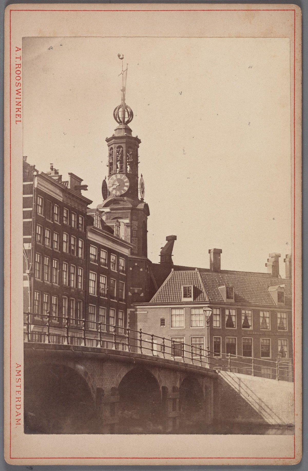 Historical view of Muntplein in Amsterdam from Oude Turfmarkt towards the Munttoren and English Houses with the Doelenbrug bridge on the left and coffee house de Munt on the right