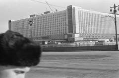 Black and white photograph of Moscow with new Hotel Rusland, Kremlin, and Saint Basil's Cathedral in the background taken on 27 February 1967