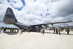 Media and public tour WC-130J Hercules hurricane hunter aircraft at San Antonio International Airport during Hurricane Awareness Tour