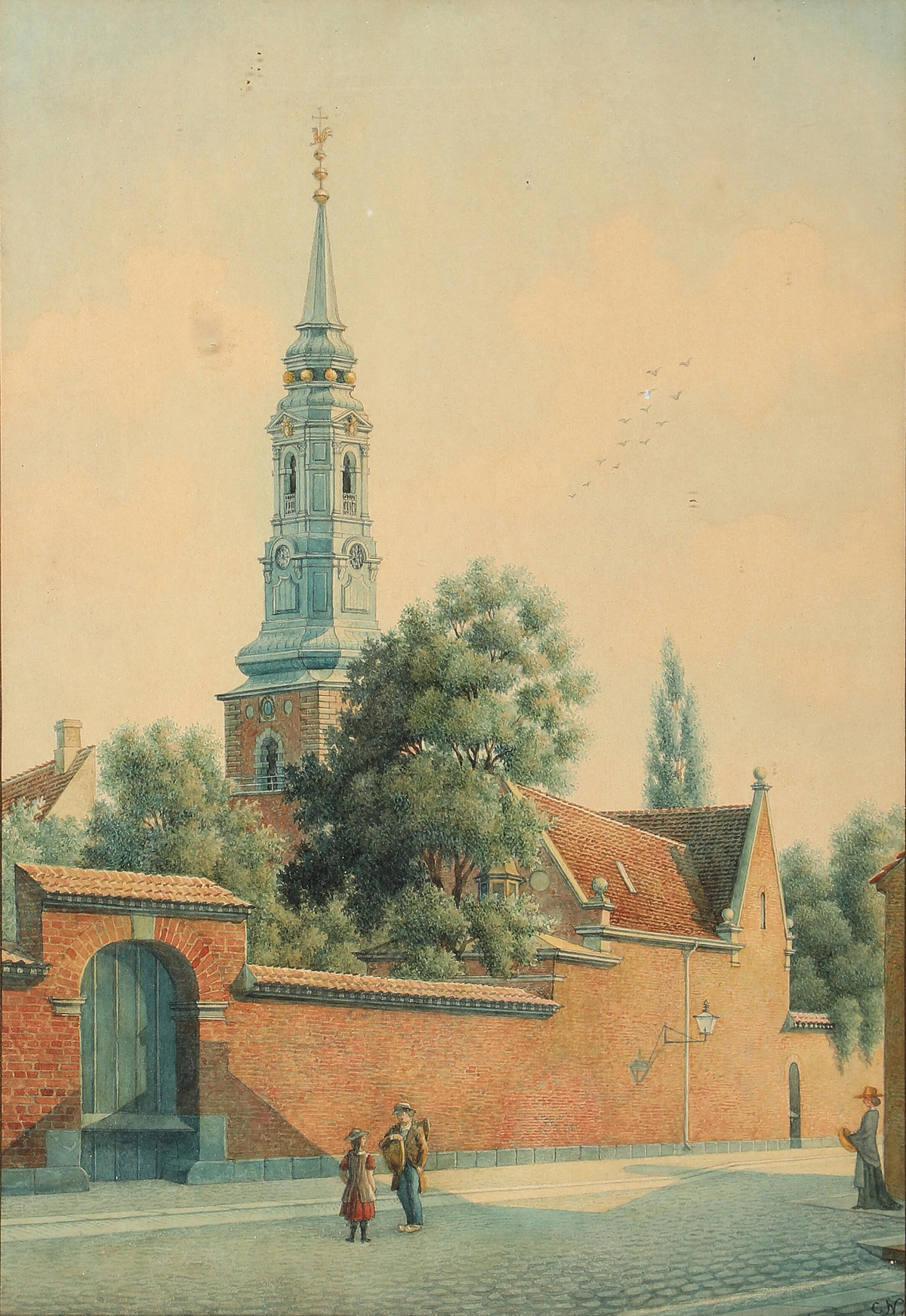 Street scene featuring Sankt Petri Church with pedestrians and horse-drawn carriages
