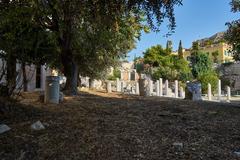 Ancient gravemarkers in the Roman Agora of Athens under clear sky