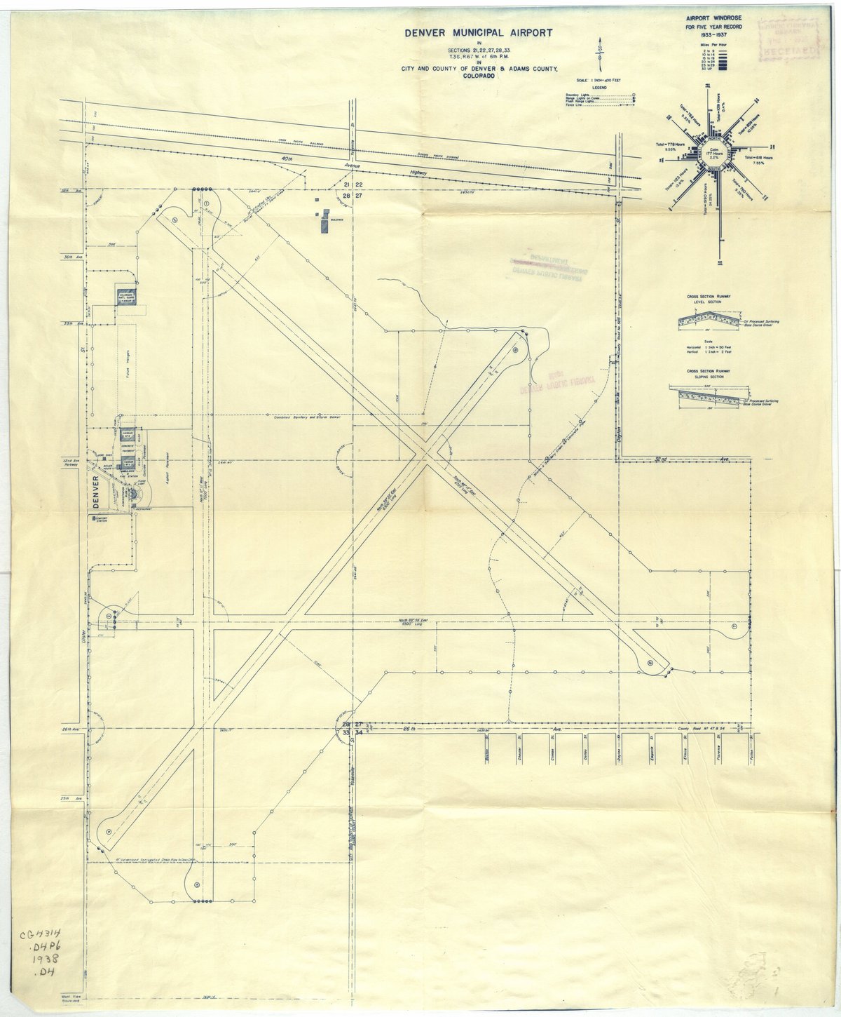 Schematic map of Denver Municipal Airport with detailed layout