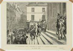 19th century wood engraving illustration showing a Polytechnicien musician carrying 'Le Christ de la Chapelle des Tuileries' during the February 24, 1848 event in Paris