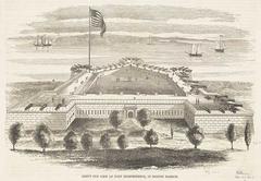 Historical illustration of Fort Independence on Castle Island in Boston Harbor, circa 1852