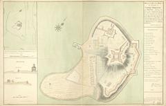 Historic plan of Castle William Island near Boston with works and sections, showing original and present state, north oriented upper right