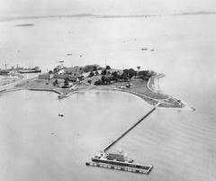 Aerial view of Castle Island with Fort Independence in Boston Harbor Massachusetts during World War II