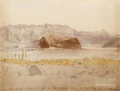 Watercolor painting of the Indus Valley in Little Tibet with the rock of Skardu looking west during Sikh rule