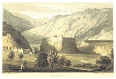 Historical etching of Iskardo Fort from 1852 by Thomson