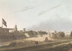A view from the King's Barracks at Fort St. George showing 18th century buildings and St. Mary's Church with a Union Jack flag