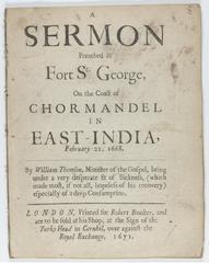 Title page of a 1668 sermon preached at Fort St. George, East India by William Thomson