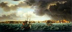 Historical view of the entrance of the port of Valletta in Malta around 1750 with ships of the Order of Saint John of Jerusalem under a stormy sky