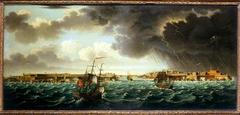 Ships seeking shelter in a stormy sea off Malta's Grand Harbour with forts Ricasoli and St Elmo guarding the harbor entrance