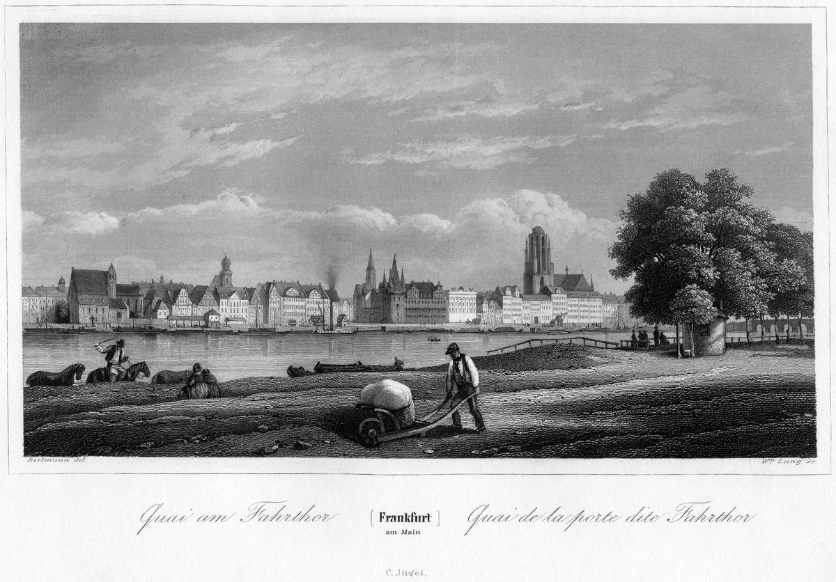 View of Frankfurt am Main featuring historic buildings including Jakob Fuerchtegott Dielmann's architecture and the Kay am Fahrtor area