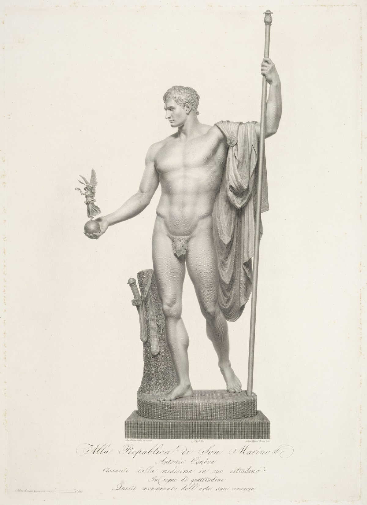 Engraving of Napoleon I Bonaparte as the peace-bringing god Mars, sculpture by Antonio Canova
