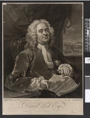 Mezzotint portrait of Daniel Lock Esqr seated beside a table holding the plan of the Foundling Hospital