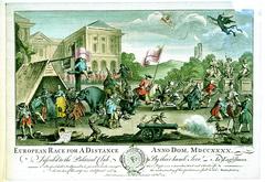 Hand-coloured caricature titled European Race for A Distance depicting a humorous historical scene