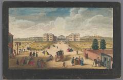 A colored etching showing the Foundling Hospital in London from 1751, an historic view of the building with surrounding area