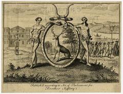 Satirical print depicting the Foundling Hospital emblem with horned figures, Adam and Eve, and Fortune on her wheel near Thames