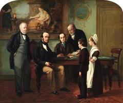 Children saying goodbye at the Foundling Hospital before starting apprenticeships, with paintings by William Hogarth and Richard Wilson in the background