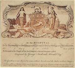 Coat-of-arms of the Foundling Hospital with a naked child, lamb holding thyme sprig, Diana of Ephesus and Britannia supporters, motto 'Help', rococo frame, and an admission ticket for Handel's sacred oratorio performance circa 1750