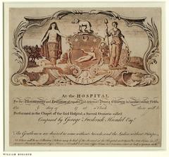 Coat-of-arms of the Foundling Hospital featuring a naked child, a lamb holding thyme sprig, Diana of Ephesus and Britannia as supporters, with a rococo frame and an admission ticket for Handel's sacred oratorio