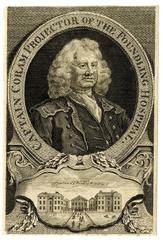 Engraving of Captain Coram portrait with Foundling Hospital illustration below