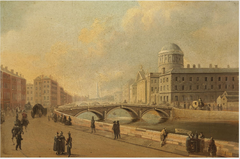 Aerial view of the Four Courts building and Richmond Bridge in Dublin