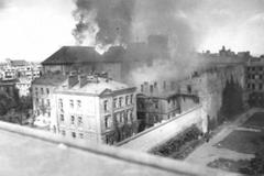Burning Holy Cross Church on Krakowskie Przedmieście street during Warsaw Uprising