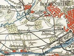 Historic map of Frankfurt Rebstock area in 1890 showing railway lines and surrounding districts