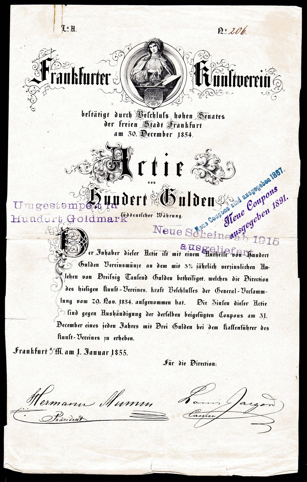 Share certificate of the Frankfurter Kunstverein issued on January 1, 1855
