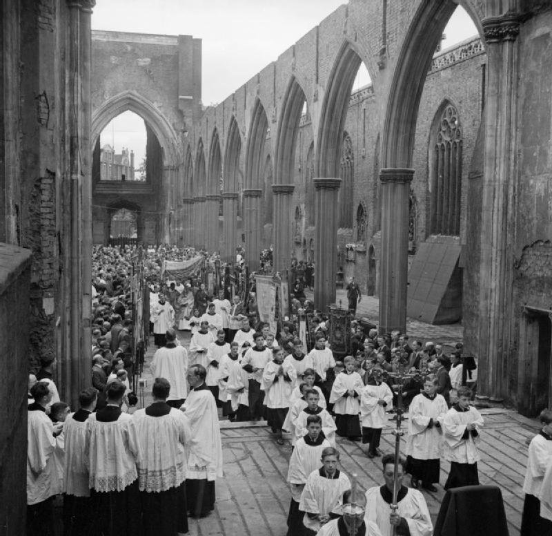 Corpus Christi service at roofless St George's Cathedral, Southwark, London, 1944
