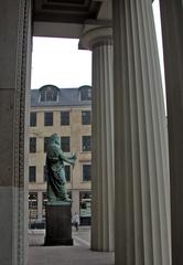 Copenhagen Cathedral entrance gate with statue in Denmark