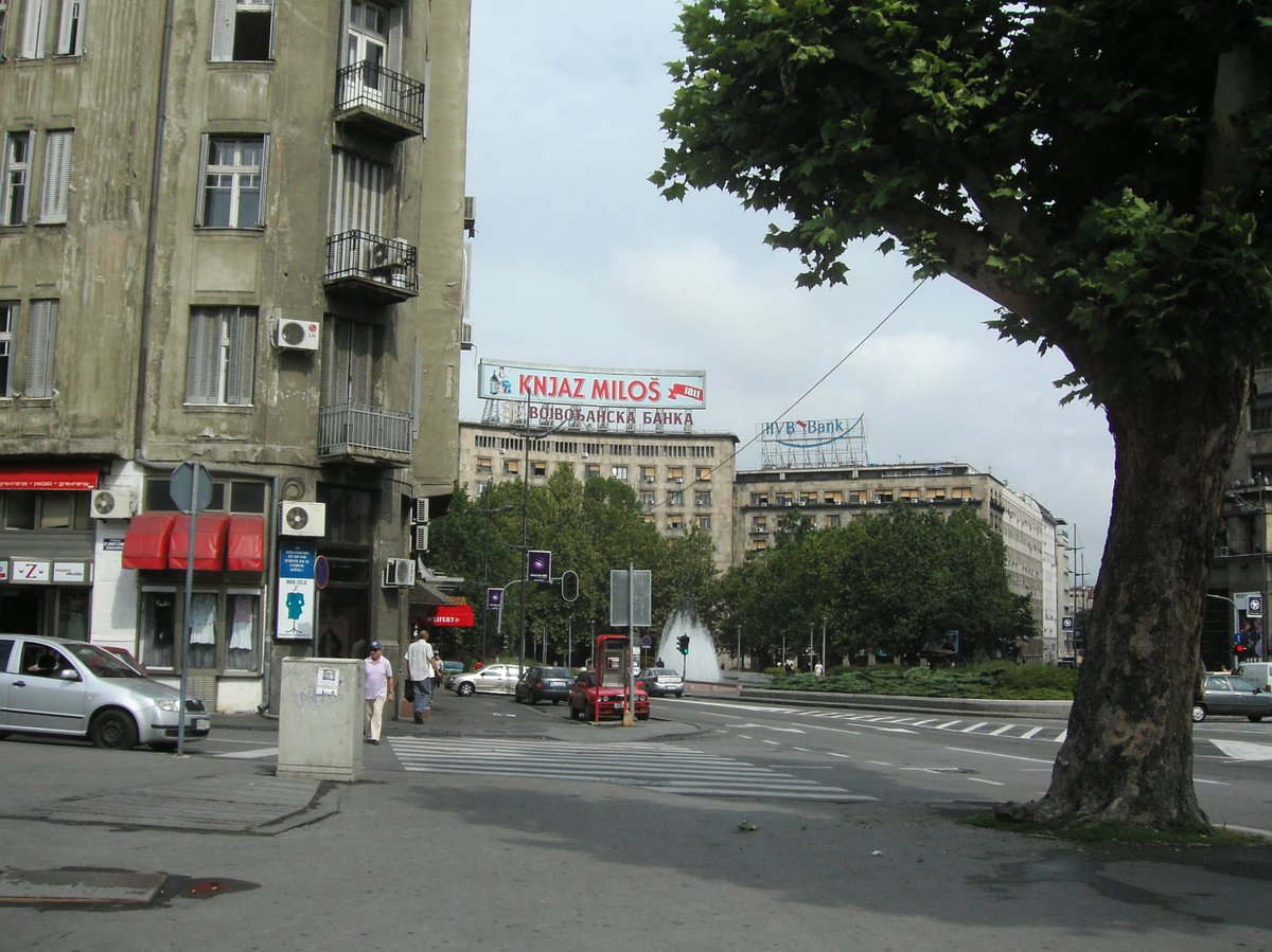 Panoramic view of Belgrade cityscape in August 2006 with historic buildings and green riverbanks