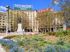 Nikola Pašić Square in Belgrade with urban buildings and clear blue sky
