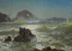 Albert Bierstadt painting of Seal Rock, California with coastal rocks and ocean waves