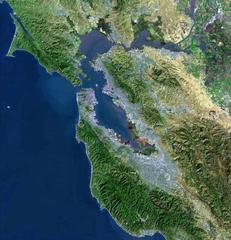 Satellite view of the San Francisco Bay Area showing land and water features