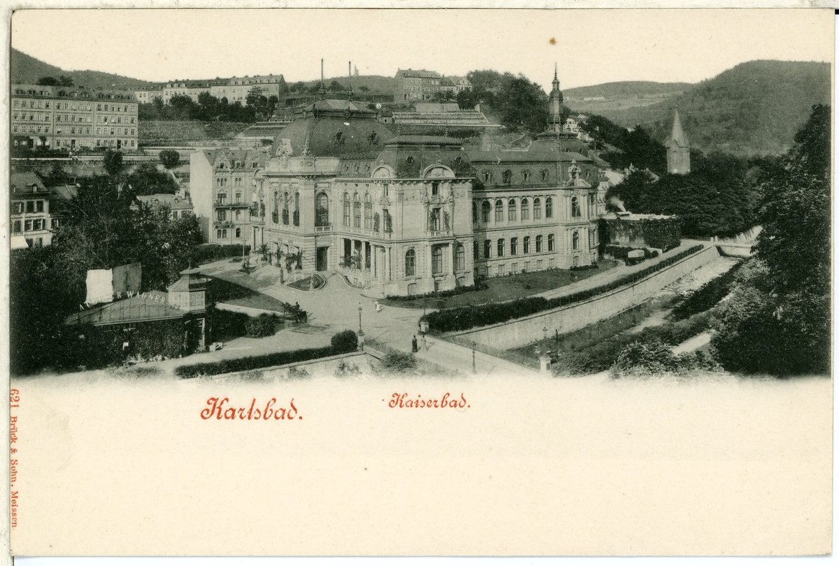 Historical view of the Karlsbad Kaiserbad spa building in 1898