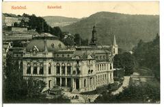 Historical black and white photograph of Karlsbad Kaiserbad spa building in 1909
