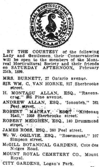 Advertisement for an event organized by the Montreal Horticultural Society in 1899