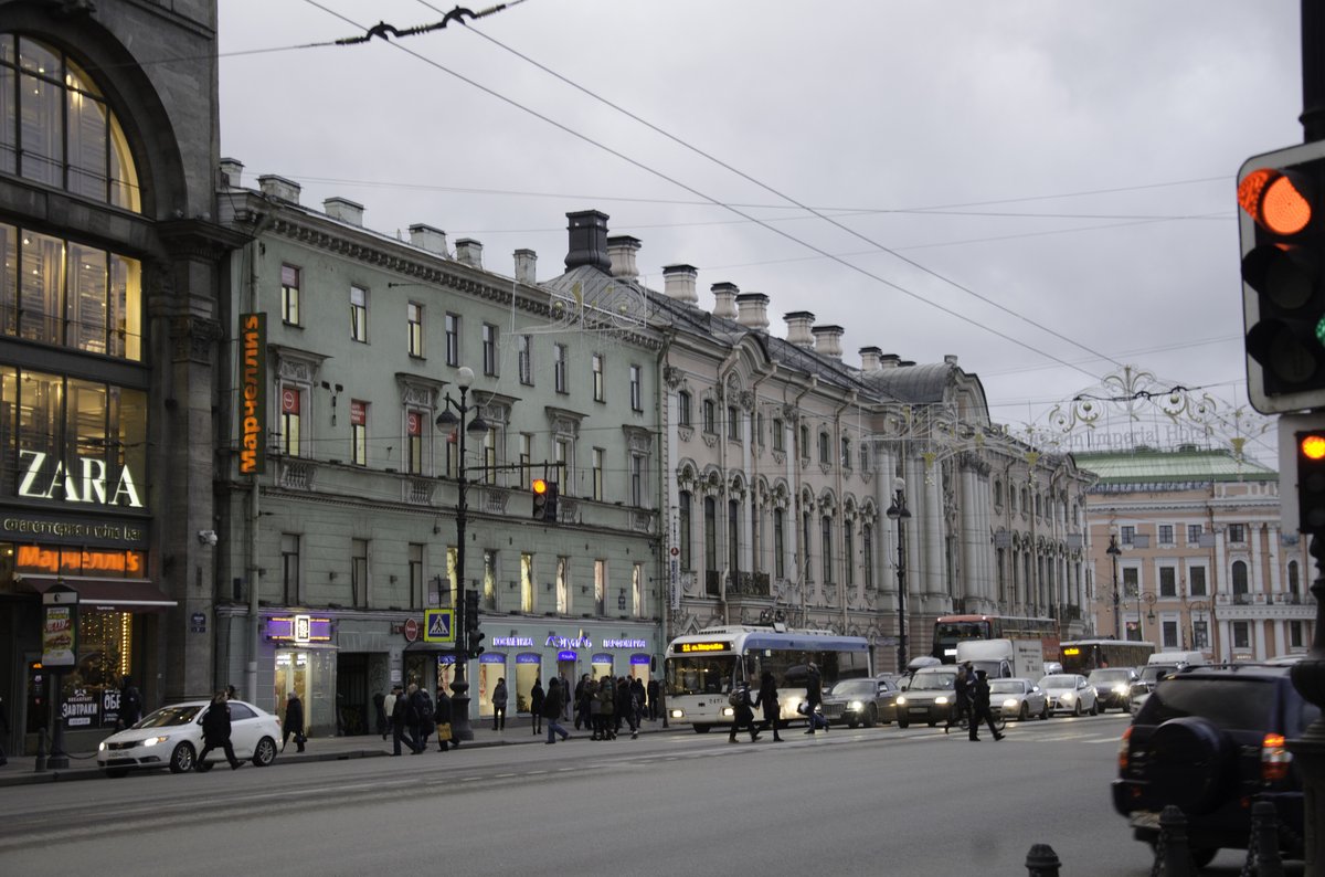 Historic building illuminated at night in Saint Petersburg on 21st of December 2015