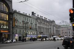 Historic building illuminated at night in Saint Petersburg on 21st of December 2015