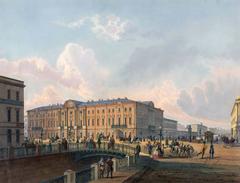Police bridge in St. Petersburg in the 19th century lithograph