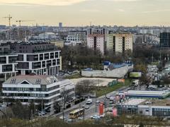 View of industrial chimneys in Újpest, Budapest from Zsilip Street