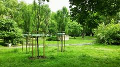 Wide view of Vérmező Park with green lawns, scattered trees, and a clear sky