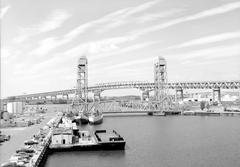 View of Philadelphia Naval Shipyard reserve basin with Basin Bridge and I-95 Girard Point Bridge in Pennsylvania