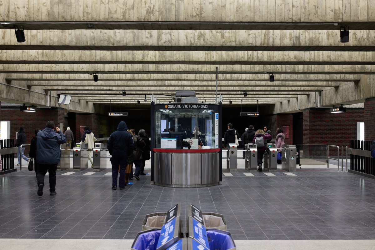 Central entrance of Square-Victoria-OACI Metro station in Montreal with modern architectural design