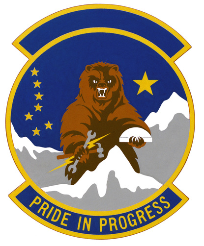 5099 Civil Engineering Operations Squadron emblem with a yellow diamond and blue lightning bolt design