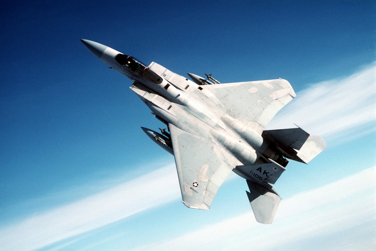 F-15 Eagle fighter jet flying in clear sky