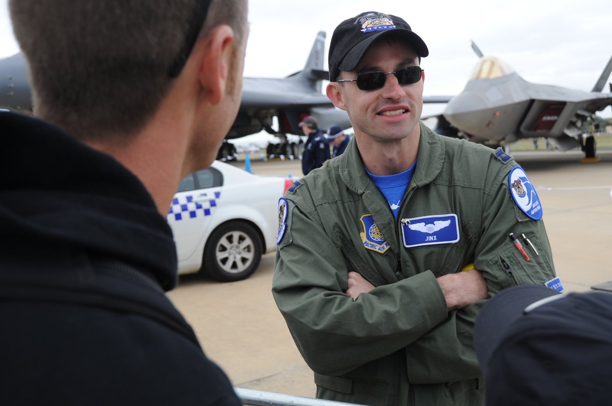U.S. Air Force Captain Graham Stewart speaking to airplane enthusiasts at the 2011 Australia International Airshow in Geelong